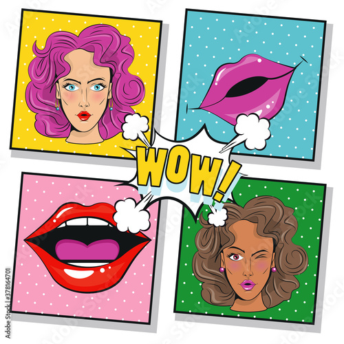 beautiful girls characters and mouths pop art style poster