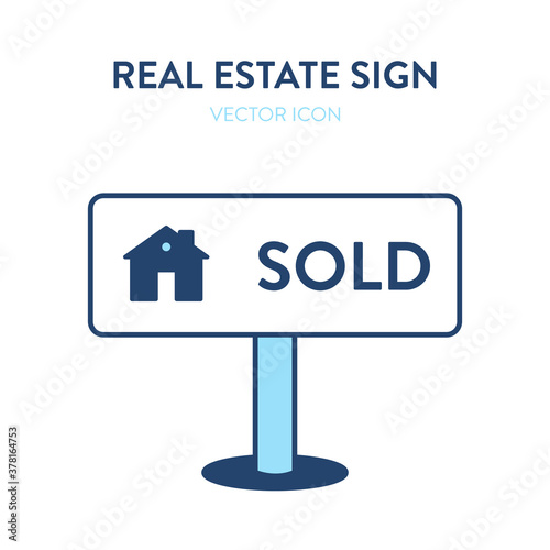 Sold house sign icon. Vector illustration of a house selling signage with a small home image and text SOLD. Real estate sale plate vector icon