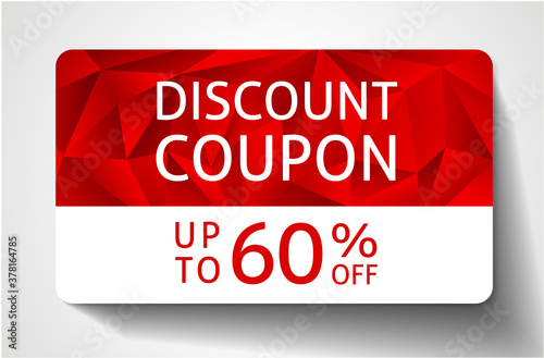 Discount coupon with abstract red polygon background, geometric poly pattern (triangle texture) and sale text: up to 60% off. Design template useful for promotion, shopping card, business or gift card