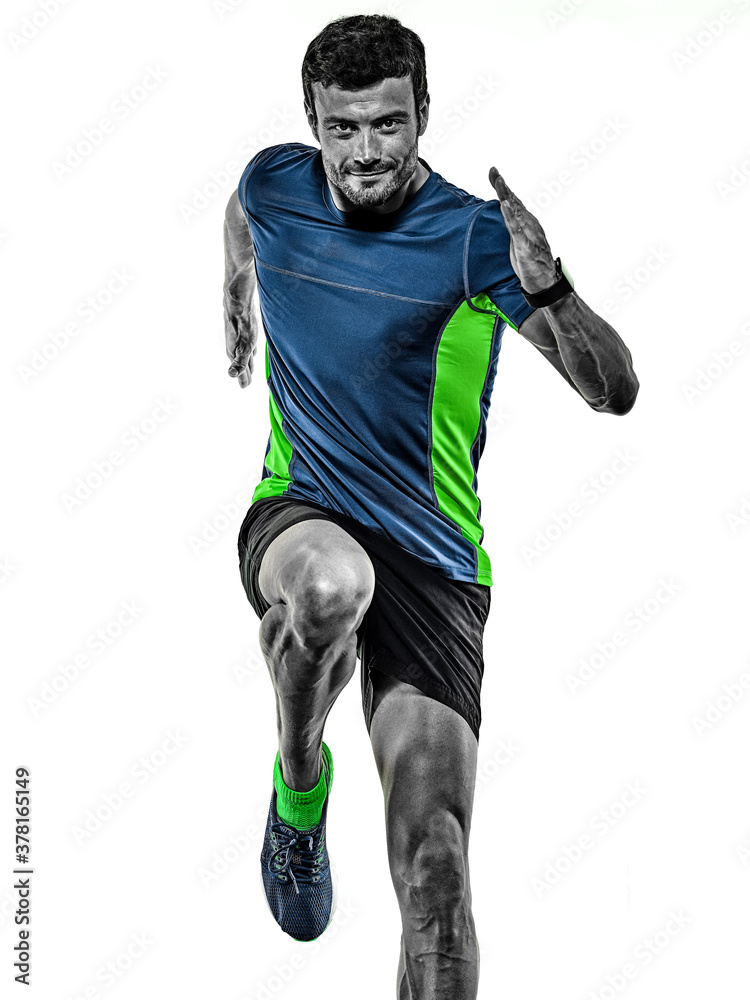 one caucasian handsome mature man running runner jogging jogger isolated on white background one caucasian handsome mature man running runner jogging jogger isolated on white background