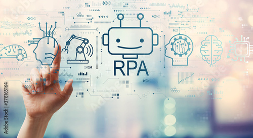 Robotic Process Automation RPA theme with hand pressing a button on a technology screen photo