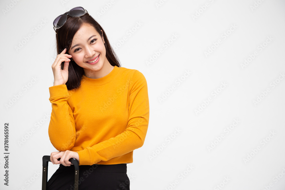 Asian woman traveler smiling isolated on white background, Looking at camera, Tourist concept