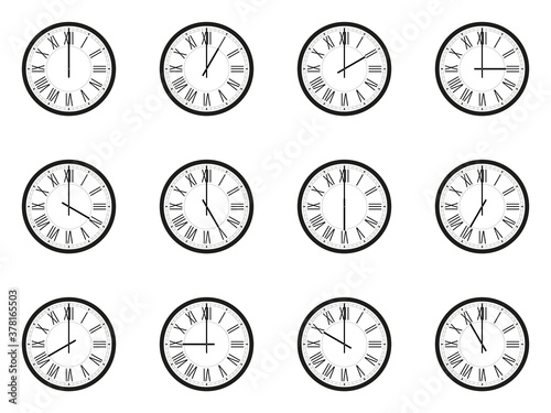 Set of analog wall clocks with black frame and hands. Flat style vector illustration. Simple classic round wall clock with roman numbers isolated on white background