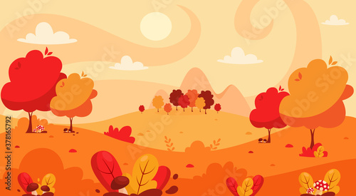Autumn landscape with trees, mountains, fields, leaves. Countryside landscape. Autumn background.