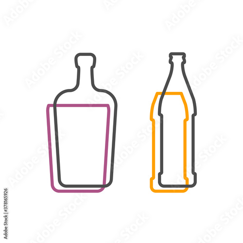 Simple line shape of liquor and beer bottle. One contour figure of a bottle, the second drink. Outline symbol whisky dark color. Sign liquid color. Isolated flat illustration on a white background
