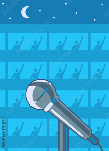 Vertical evening concert under buildings of houses, offices during quarantine period. People neighbors on balconies on floors keep social distance. Microphone close-up vector flat illustration