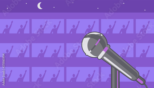 Vertical music concert concept. People listen to singer's vocals on balconies of hotel, office. Close-up microphone on background of building. Vector flat illustration. Poster template, banner