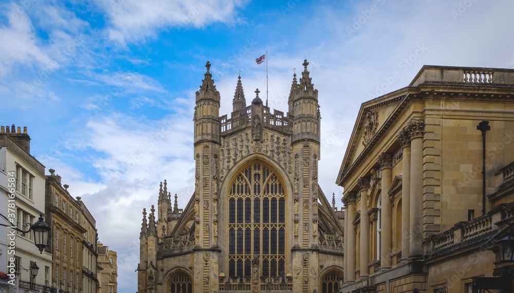 a church at low angle view against a clear blue sky