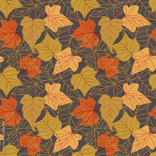 Seamless pattern with autumn leaves with line style Vector illustration background