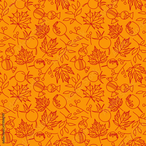 Seamless autumn leaves pattern with line doodle style Vector illustration background
