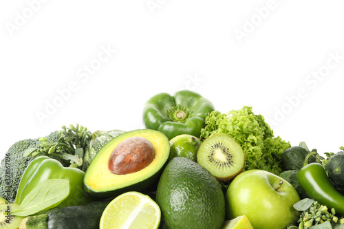 Bunch of green vegetables isolated on white background