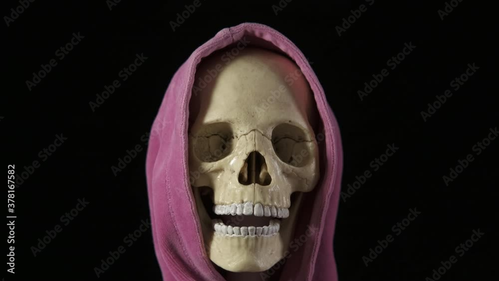 Skull in the shadows. A view of a skull in a hood on the black background.
