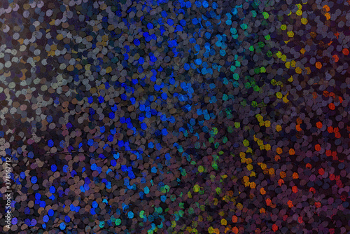 detail macro photo of silver rainbow holographic dot foil material, colorful hologram surface, glitter pixel pattern background.