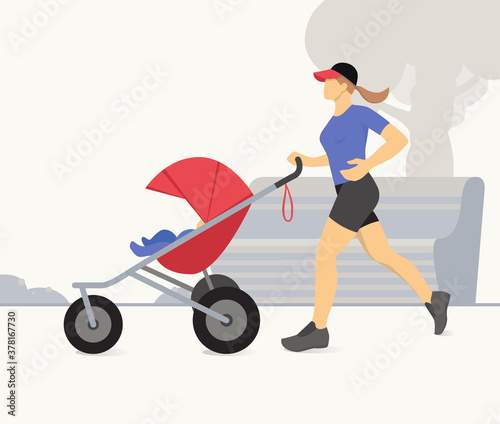 Woman jogging with stroller. Active mother jogging. Mother with child in stroller running. Vector illustration.