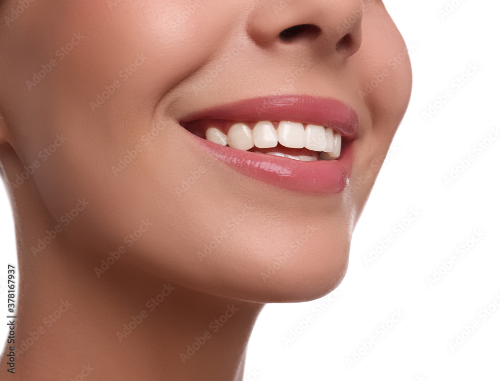 Young woman with beautiful smile on white background, closeup. Cosmetic dentistry