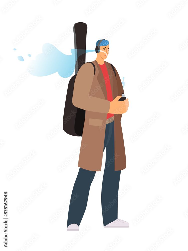 The musician guy smokes VAPE. Hipster guy smoking vaper. Vector illustration on white background.