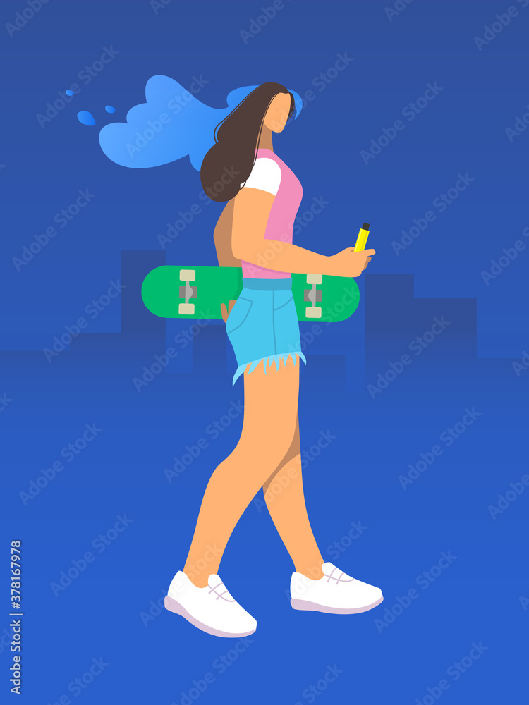 A girl with a skate goes and smokes a VAPE. Vector illustration on blue background. A girl with a skate goes and smokes a VAPE. Vector illustration on blue background.