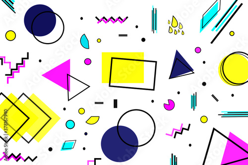 Memphis style geometric figures pattern abstract vector. Colorful geometry icon shapes, memphis creative art style graphic vector design for ads, poster, banner, wallpaper, brochure or flyer