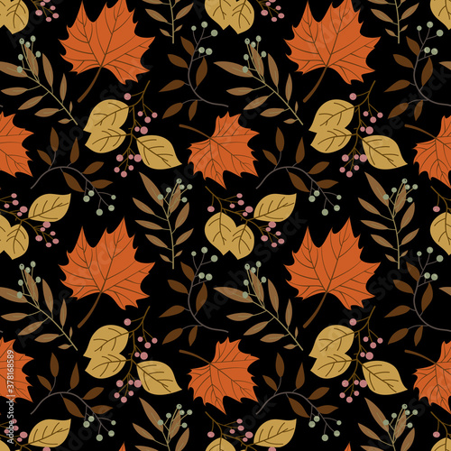 Seamless forest pattern with acorns and autumn leaves. Fall background. Vector wallpaper.