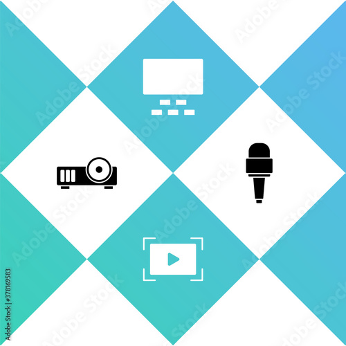 Set Media projector, Online play video, Cinema auditorium with seats and Microphone icon. Vector.