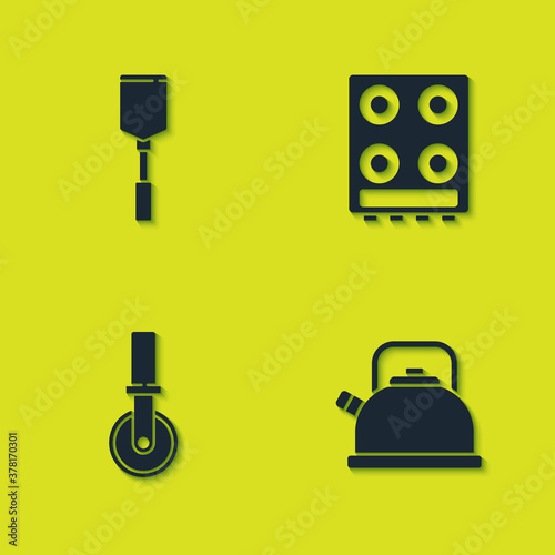Set Spatula, Kettle with handle, Pizza knife and Gas stove icon. Vector.