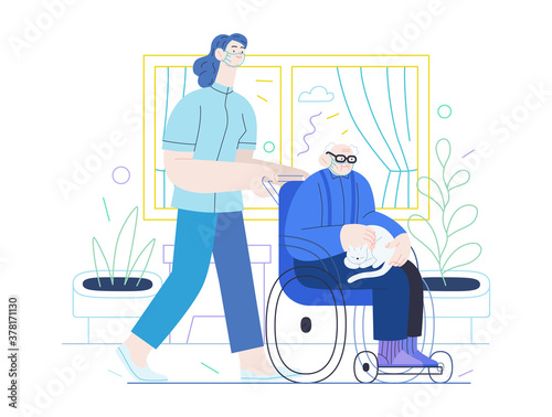 Medical insurance - senior home support - modern flat vector concept digital illustration -a nurse rolling a wheel chair with a senior patient at his home. Home medical service, part of insurance plan
