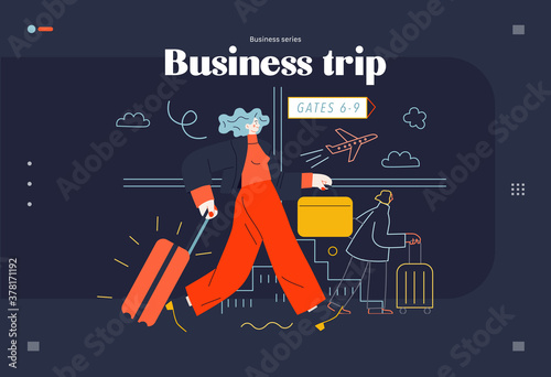 Business topics -business trip  web template  header. Flat style modern outlined vector concept illustration. Young woman with suitcase walking by the moving walkway in the airport. Business metaphor.