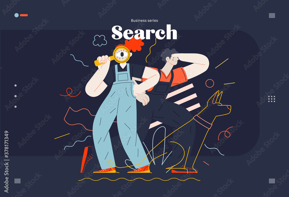 Business topics -search, web template, header. Flat style modern outlined vector concept illustration. Young man looking forward and a woman with magnifying glass looking through it. Business metaphor