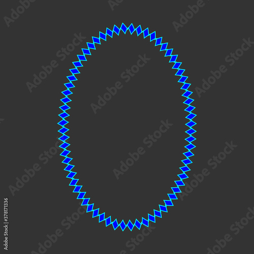Decorative ellipse frame for web cards. Geometrical creative ornamental curved frame, black background, phychedelic vibrant blue color. Black background. Vector