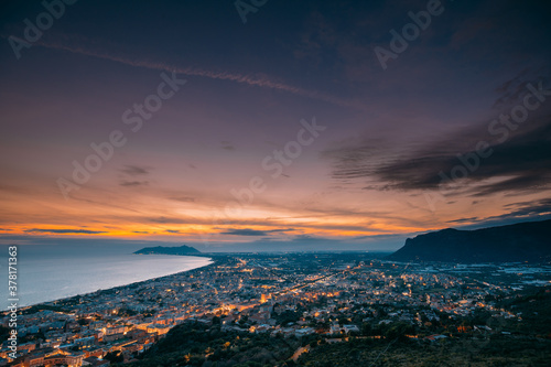 Terracina  Italy. Top View Skyline Cityscape City In Evening Sunset. City Illuminations