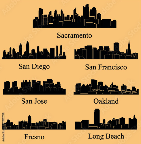 Set of 7 City silhouette in California ( San Francisco, San Diego, Fresno, Long Beach Oakland, Sacramento, San Jose )
