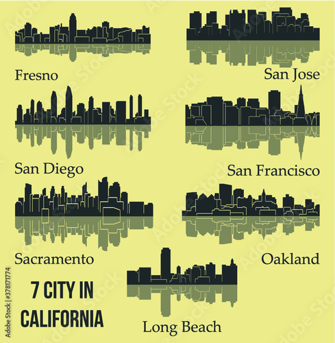 Set of 7 City silhouette in California ( San Francisco, San Diego, Fresno, Long Beach Oakland, Sacramento, San Jose )