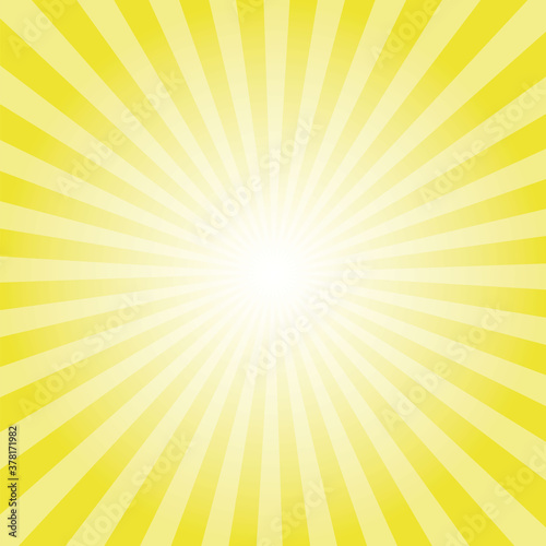 Sunburst background. Dandelion yellow radiate sun beam burst effect. Sunbeam light flash boom. Sunrise glow burst. Solar radiance glare, retro design illustration.