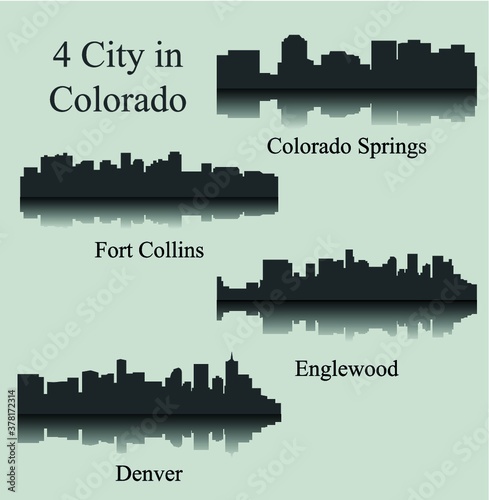 Set of 4 City silhouette in Colorado ( Denver, Colorado Springs, Fort Collins, Englewood )