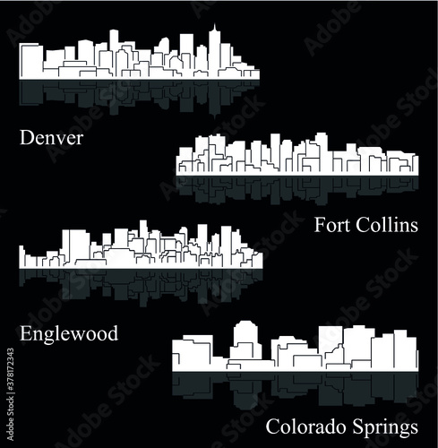 Set of 4 City silhouette in Colorado ( Denver, Colorado Springs, Fort Collins, Englewood )