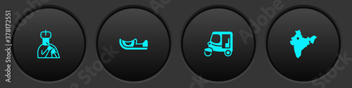 Set Indian man plays flute, shoes, Taxi tuk tuk and map icon. Vector.