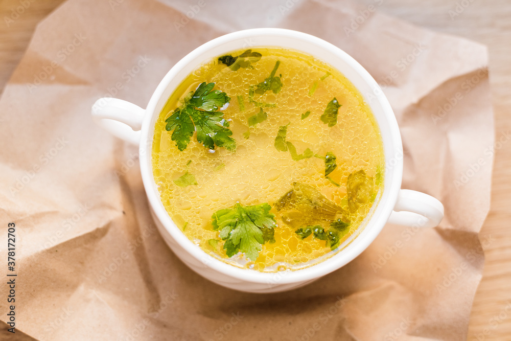 cup of soup on the table. Flat lay top-down cup of soup on the table. Flat lay top-down
