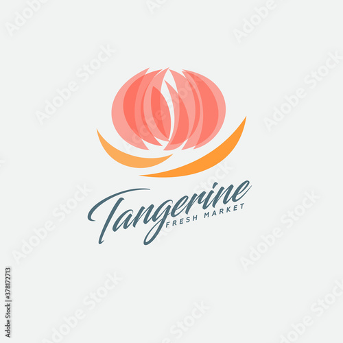 Tangerine logo. Fresh market logo. Mandarin juicy fruits consist of some transparent elements.
