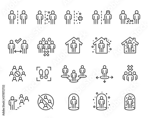 Social Distancing Icons Set. Collection of linear simple web icons such Self-Isolation, Safe Distance, Stay Home, Keep Distance, Quarantine and others. Editable Vector Stroke 