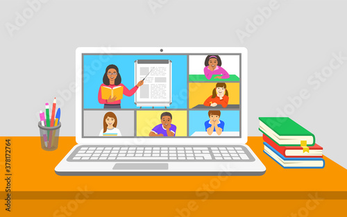 Online education virtual class teleconference. Kids stay home watching female teacher with book points to flipchart. Remote education during coronavirus quarantine. Learning school program from home