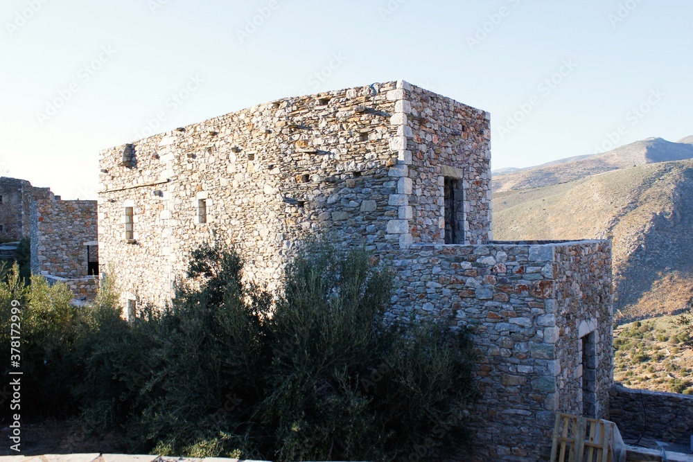 Stone house at the medieval village of Vathia in southeastern Laconia, Peloponnese region, Greece.