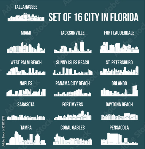 Set of 16 City Silhouette in Florida ( Tallahassee, Miami, Naples, St Petersburg, West Palm Beach, Daytona Beach, Fort Lauderdale, Orlando, Jacksonville, Fort Myers, Tampa, Sarasota, Pensacola )