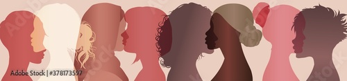 Communication group of multiethnic diversity women and girls face silhouette profile. Female social network community of diverse culture. Talk and share information. Friendship. Speak photo