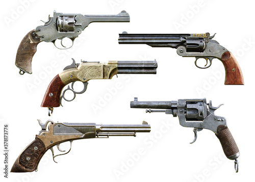 Western cowboy pistol booster pack 1 is a collection of assorted deadly and elegant hand gun firearms on a isolated white background. 3d rendering  

