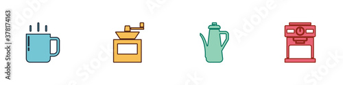 Set Coffee cup, Manual coffee grinder, Teapot and machine icon. Vector.