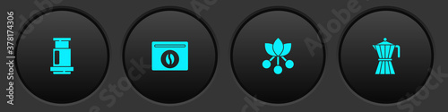 Set Aeropress coffee, Bag beans, Coffee bean, branch and moca pot icon. Vector.