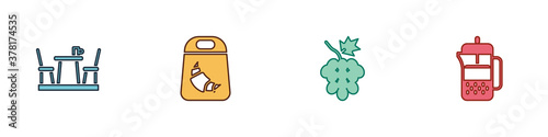 Set French cafe, Croissant package, Grape fruit and press icon. Vector.