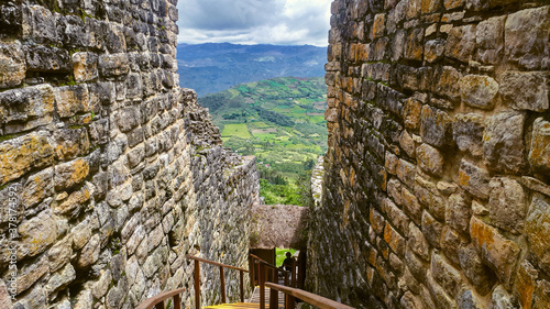 view from the entrance stairway to kuelap fortress in chachapoyas peru
