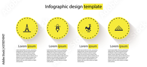 Set Eiffel tower, Scooter, Rooster weather vane and Louvre museum. Business infographic template. Vector.