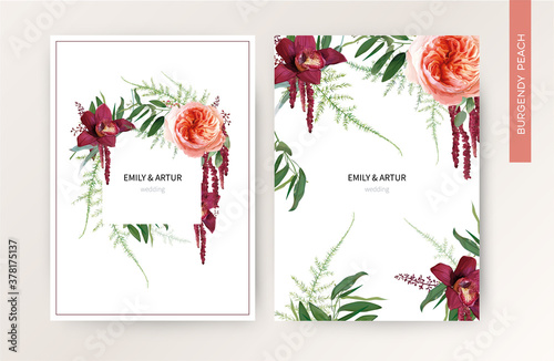 Wedding invite card, tropical invitation vector design. Pale peach roses, burgundy red orchid, amaranth flowers, wild greenery forest asparagus fern leaves & herbs watercolor illustration. Elegant set